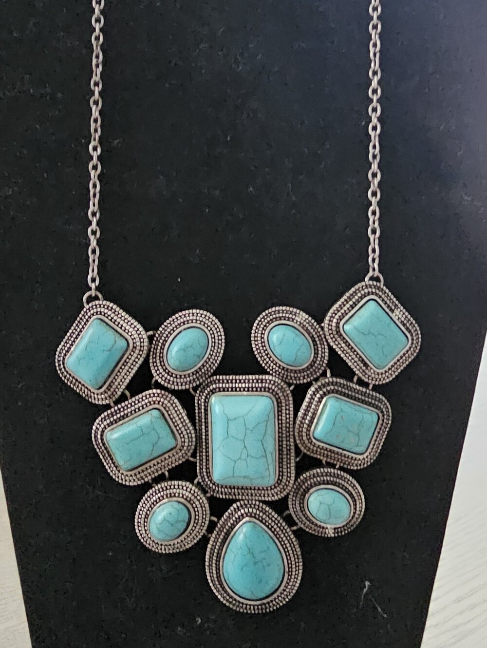Claire’s Bib Necklace Simulated Turquoise Southwestern Style Silver Tone